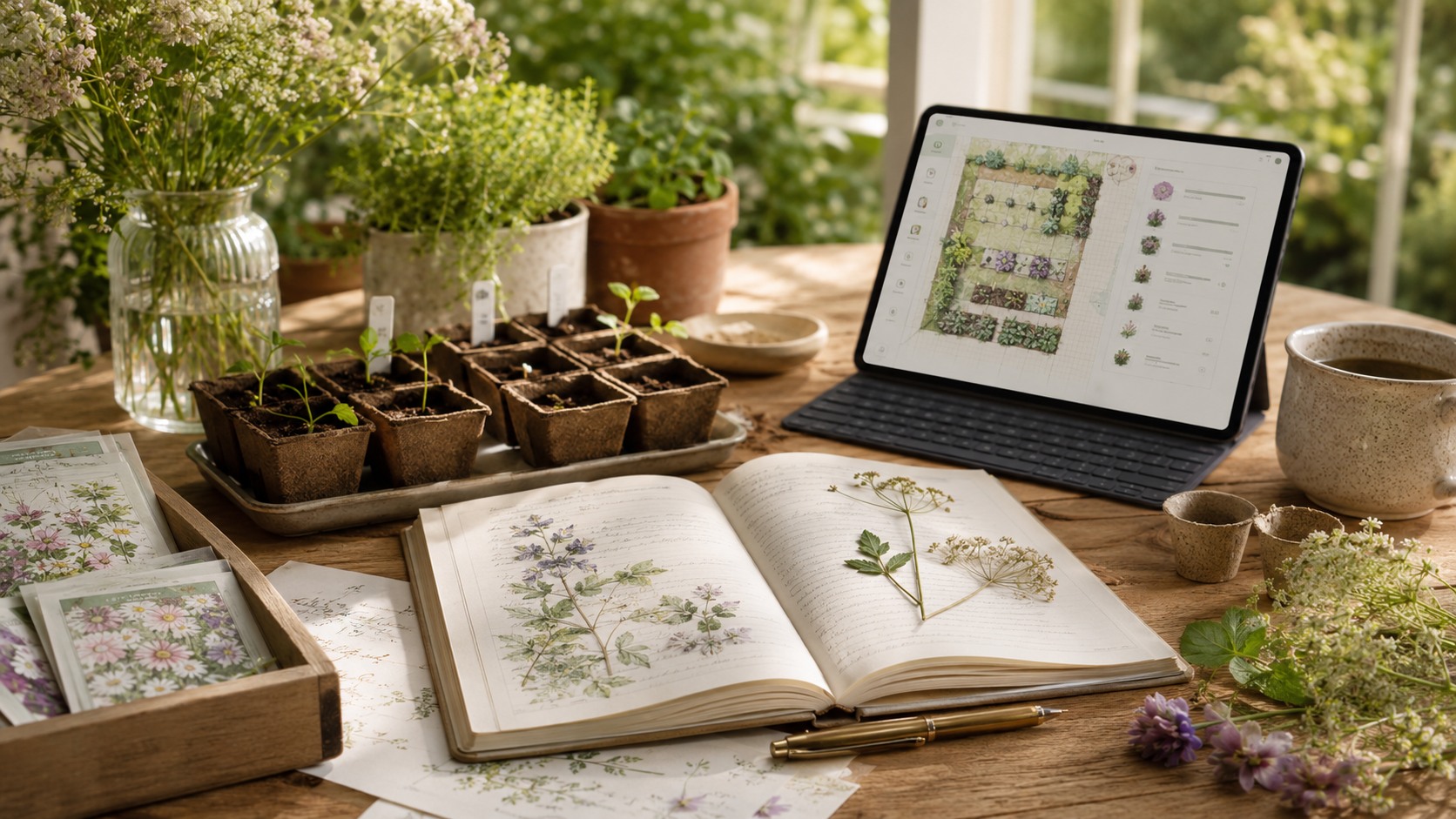 Garden Planner preview with garden areas, beds, and planning cards